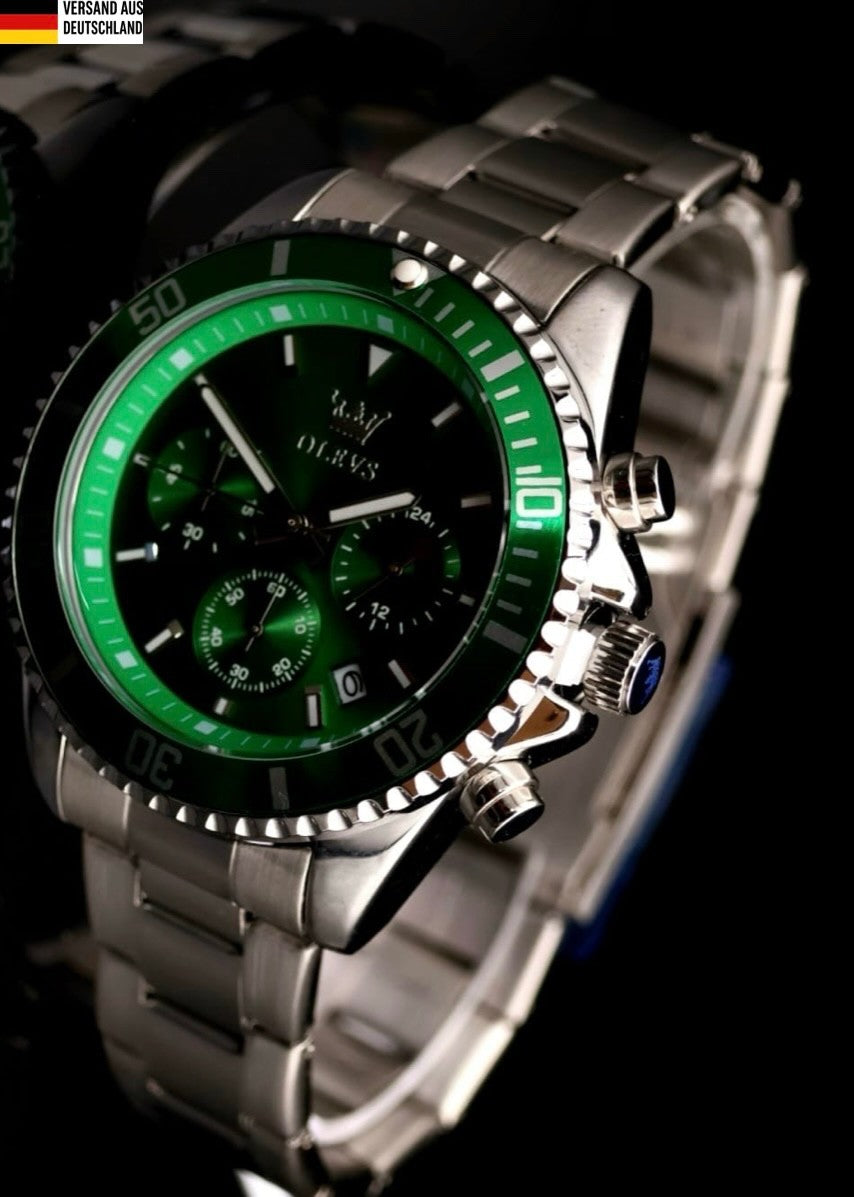 Herren Männer Armband Uhr Chronograph Stoppuhr Datum Grün Silber Farben NEU **0