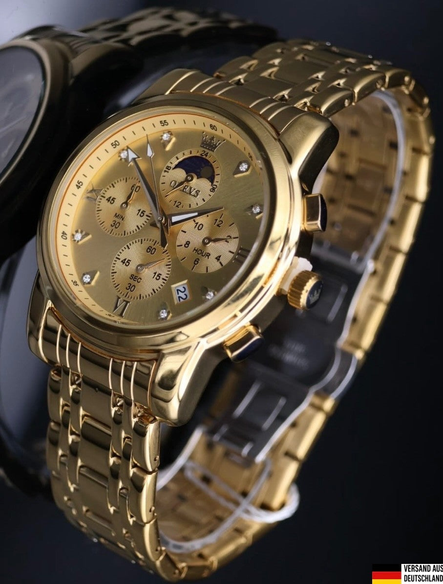 Herren Männer Armband Uhr Chronograph Stoppuhr Datum Gold Farben * 440