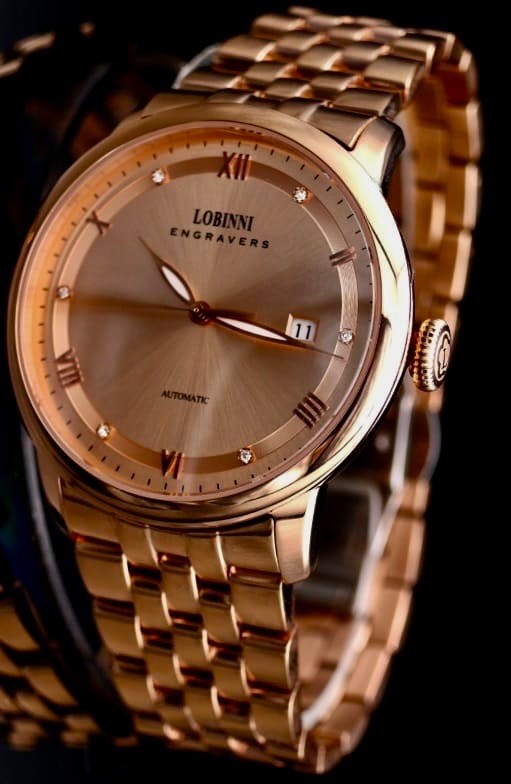 Lobinni Herren Männer Automatik Uhr Rose Gold Farben Datum Sapphire NEU1