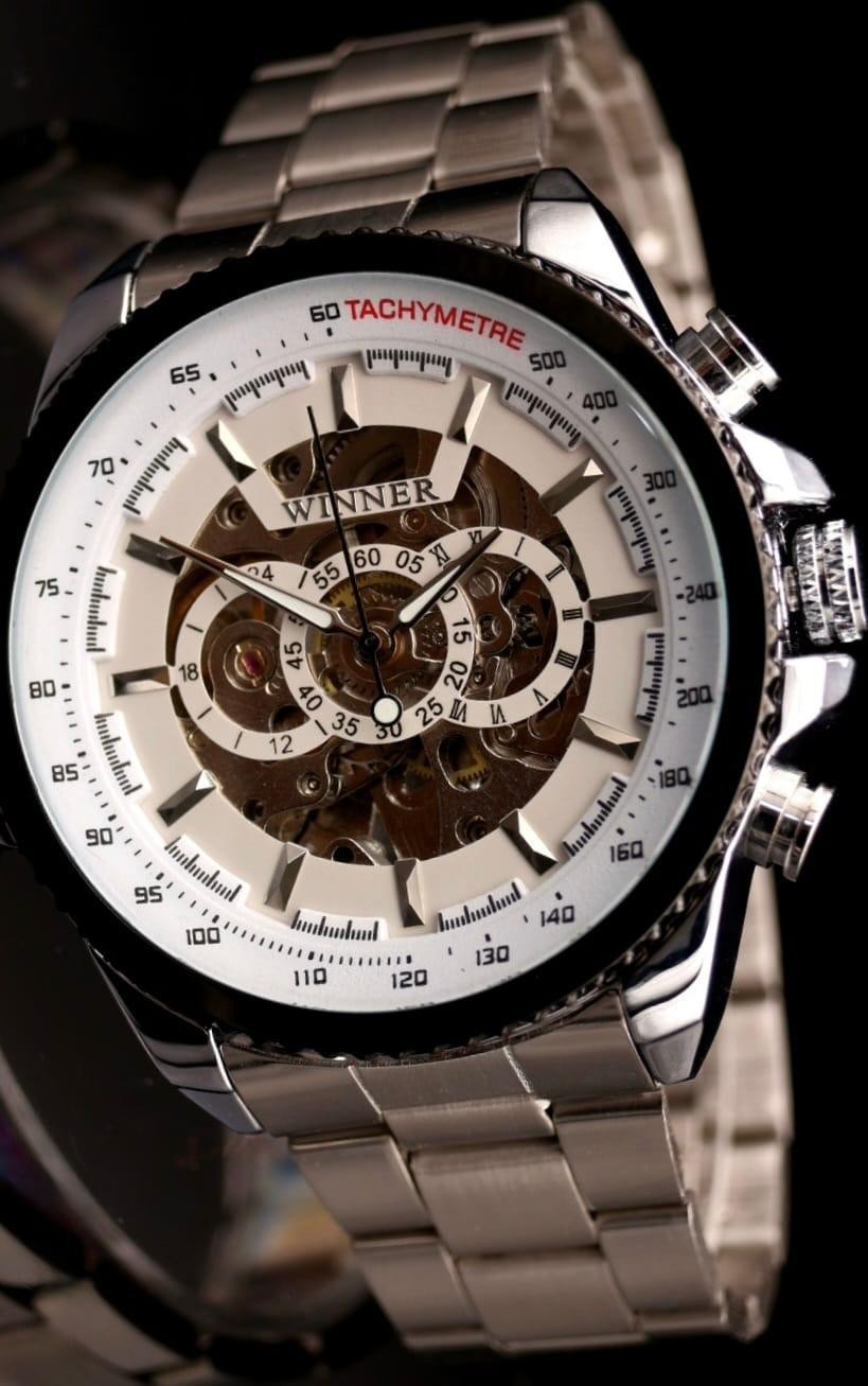 T-Winner Herren Automatikuhr Weiß Silber Mechanisch Edelstahl Skelett Uhr Luxus0