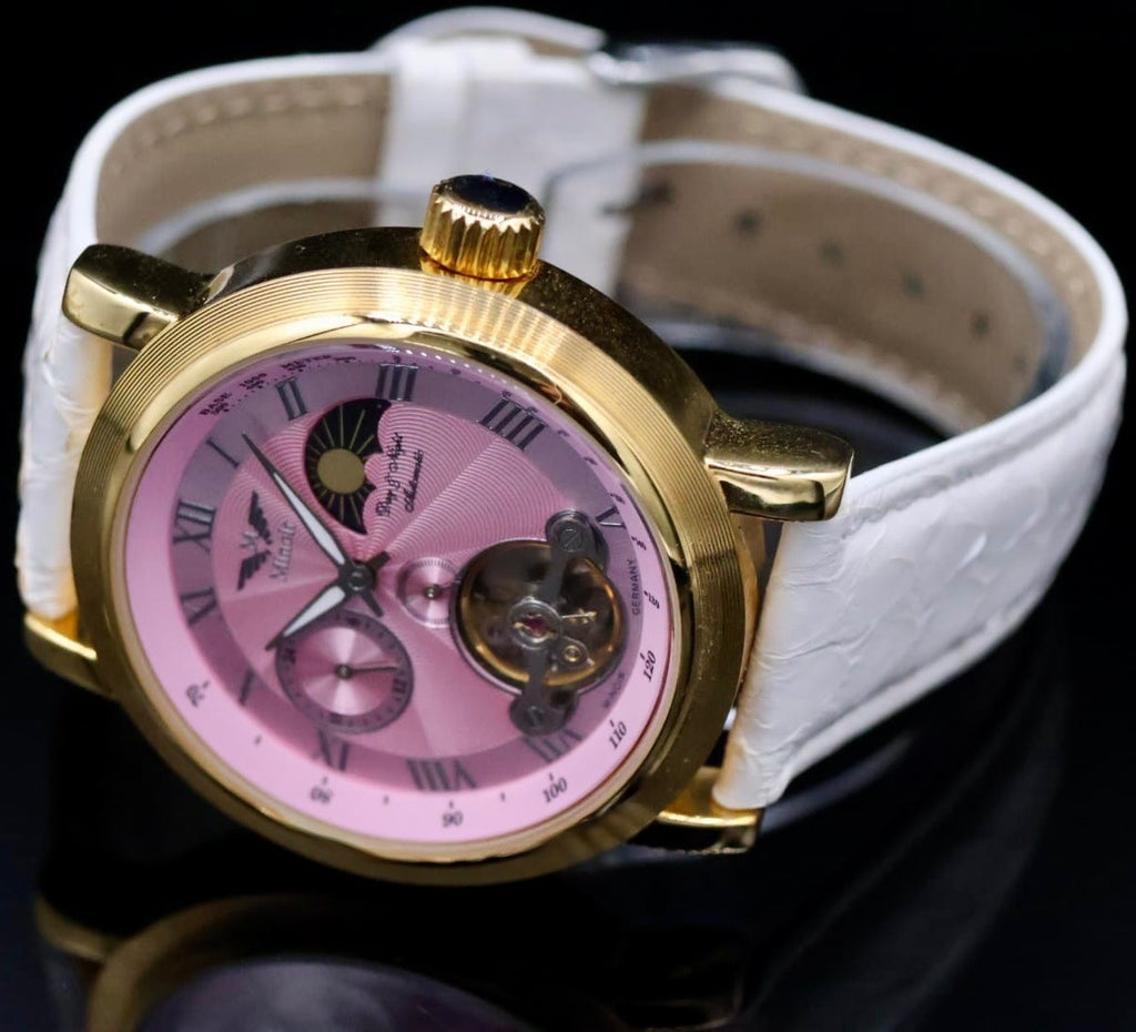 Minoir Herren Uhr Automatikuhr Armbanduhr Herrenuhr Lederband Rosa Weiß Farben1