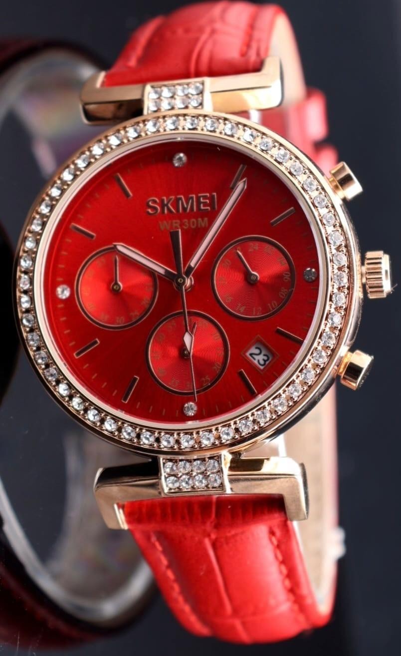 SKM - DAMENUHR - CHRONOGRAPH - STOPPUHR - DATUM - LEDER -  ROT - 38MM - NEU0