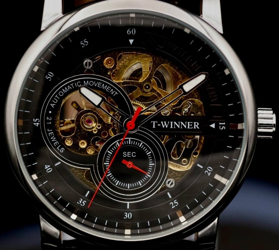 Winner Herren Männer Uhr Automatik Armbanduhr Schwarz Farben mit offener Unruh0