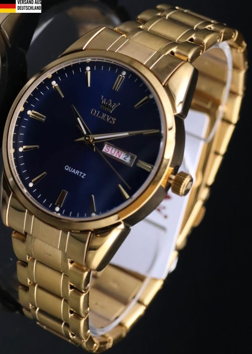 OLEVS Herren Männer Armband Uhr Herrenuhr Blau Gold Farben & Tag/ Datumsanzeige0