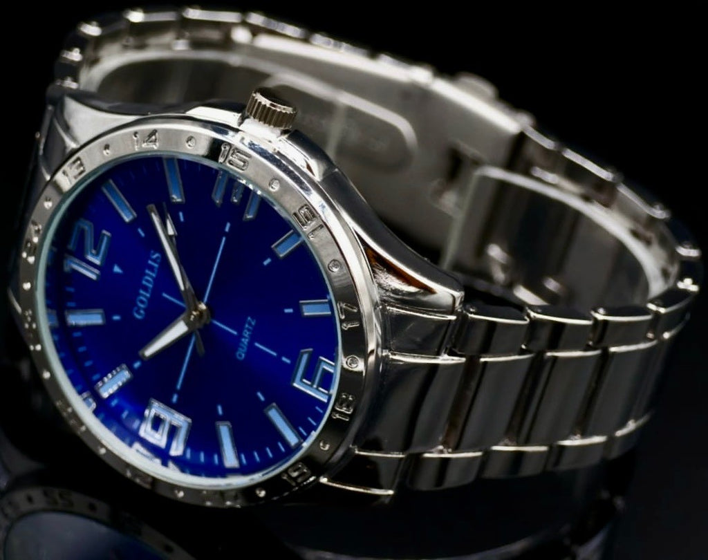 Mega Edle Herren Armband Männer Uhr  Silber Blau Farben NEU1