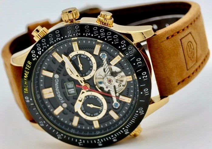 Exklusive Herren Männer Automatik Uhr Gold Schwarz Farben mit Lederarmband NEU -1