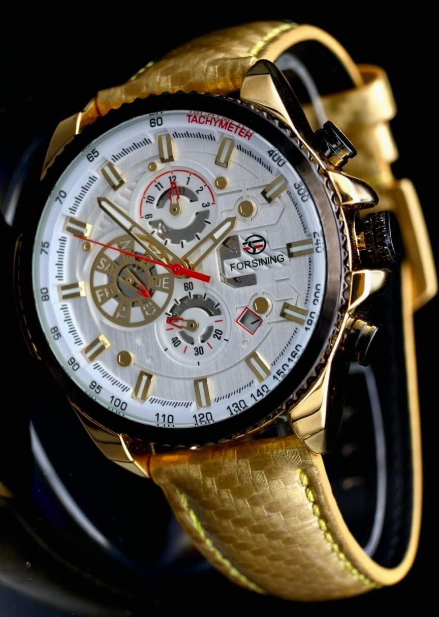 Sportliche Herren Männer Automatik Uhr Gold Farben Weißes Ziffernblatt Lederband1