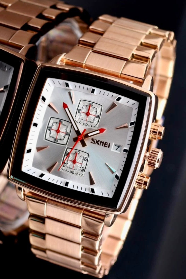 SKM Herren Uhr Chronograph Stoppfunktion Datum Edelstahl Rosé Farben 41x41mm Neu1