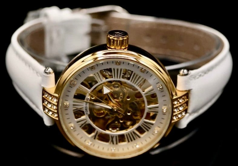 Exklusive Damen Automatik Uhr Damenuhr Gold Weiß Farben mit offener Unruh NEU2