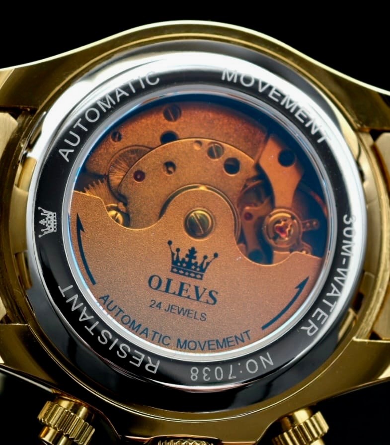 OLEVS Herren Automatik Uhr Herrenuhr Edelstahl Band Goldfarben Neu mit Kalender3