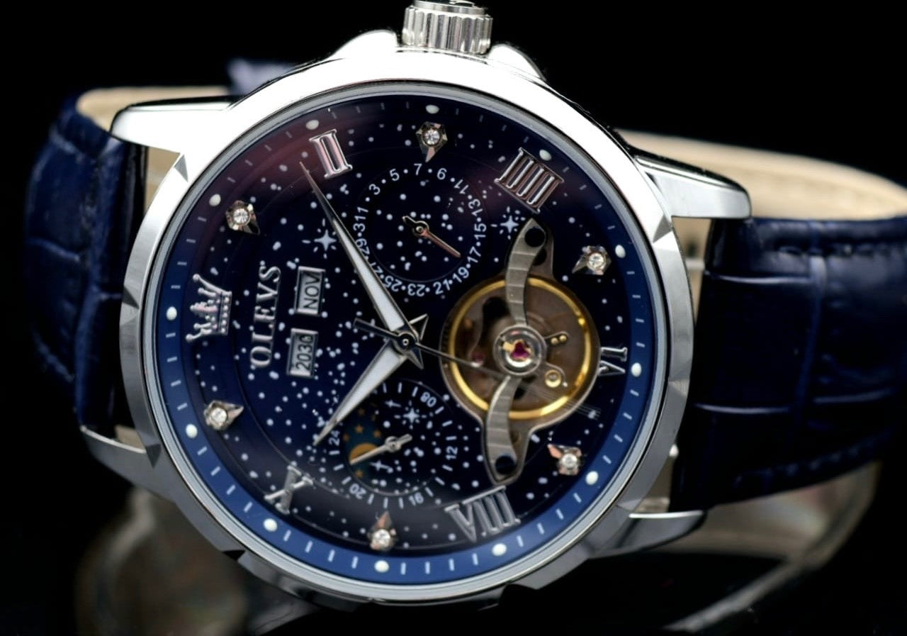 OLEVS Herren Automatik Uhr Herrenuhr Blau Schwarz Farben mit Lederband Kalender1