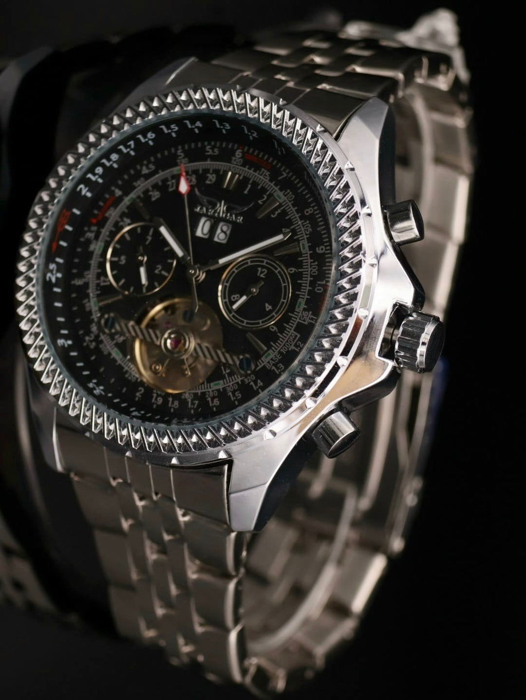 JARAGAR Herren Armband Uhr Silber Automatikuhr mit Datumsanzeige & offener Unruh0