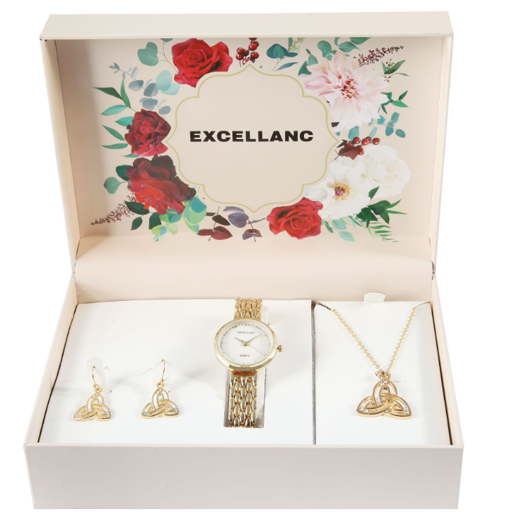 Edle Excellanc Damen Geschenkset Armbanduhr Halskette und Ohrringe Gold Farben1