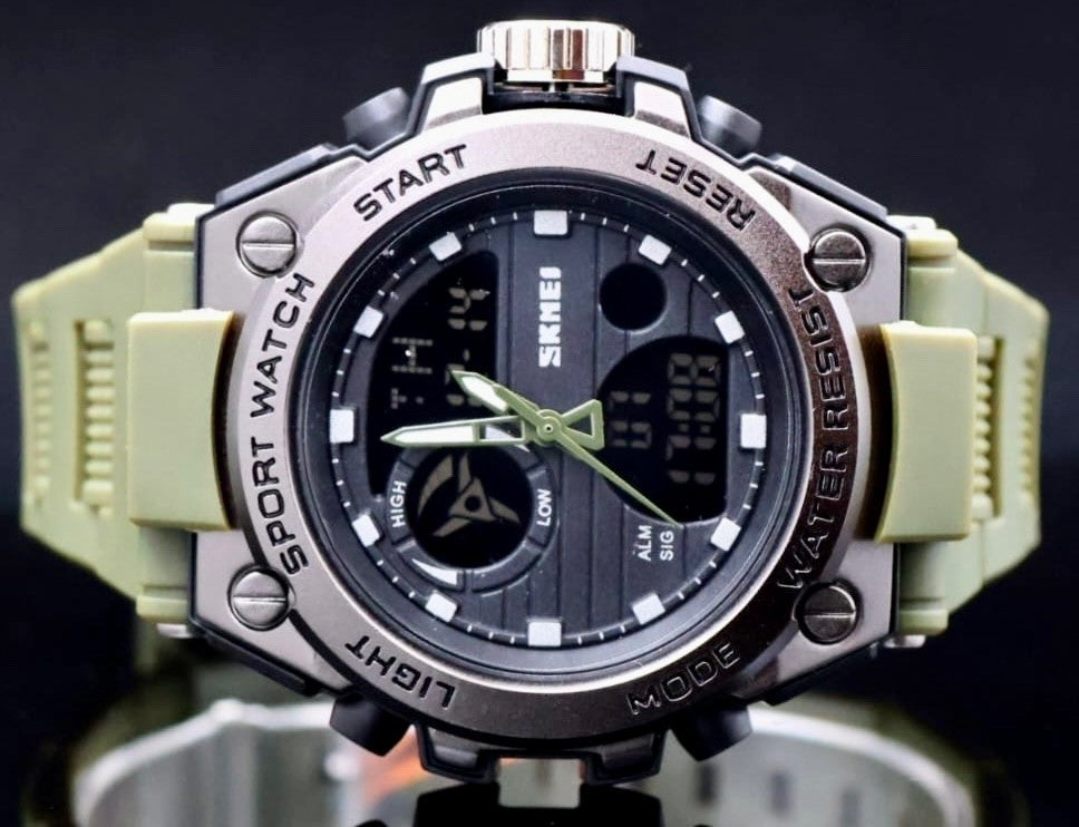 SKM Herrenuhr Digital Analog Uhr Sport Watch Silikon Armband Khaki 46mm Neu1