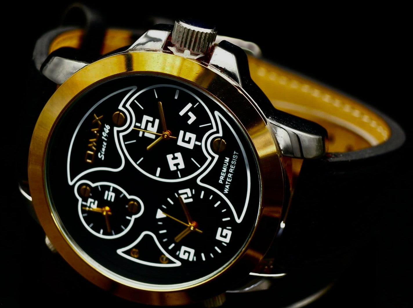 Omax XXL Monster Watch Herren Armband Uhr Schwarz Gold Farben Dual Triple Timer*0