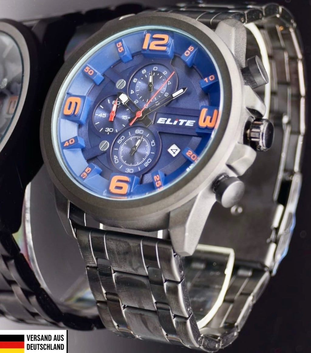 Elite Herren Edelstahl Armband Uhr Chronograph Datum Anthrazit Schwarz Blau NEU0