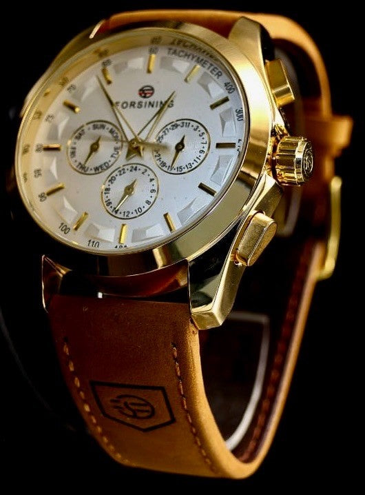 Mega Forsining Herren Männer Automatik Uhr Gold Barun Farben mit Lederarmband0