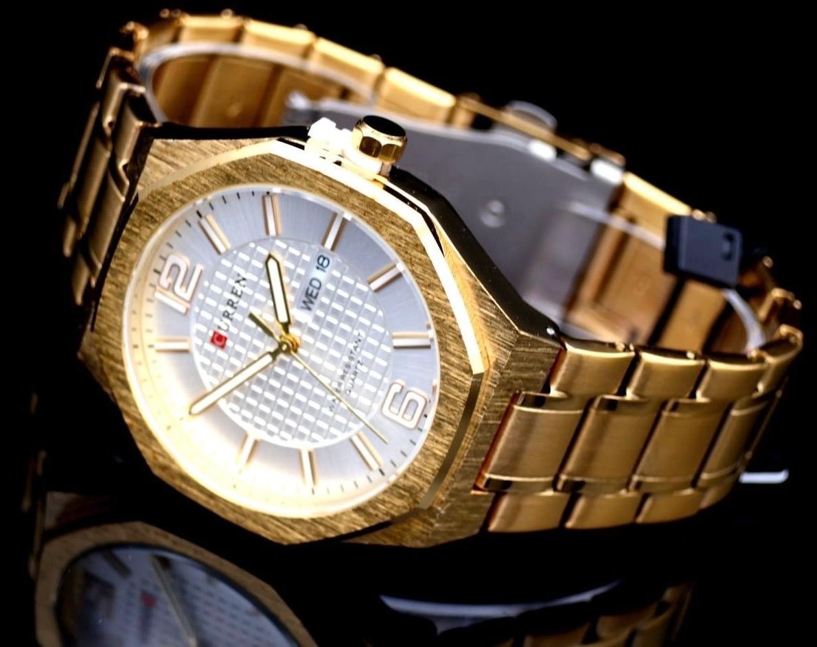 Mega Edle Herren Männer Uhr Armbanduhr Weiß GoldFarben mit Tag/Datumsanzeige NEU1