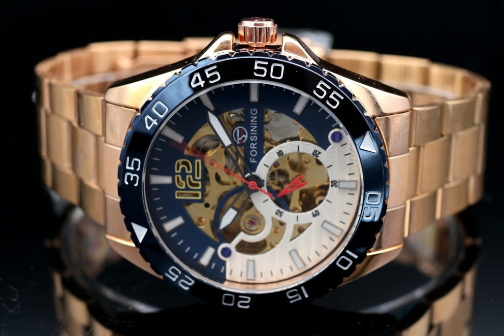 Sportliche Herren Männer Automatik Uhr Blau Gold Farben mit Lederarmband NEU1