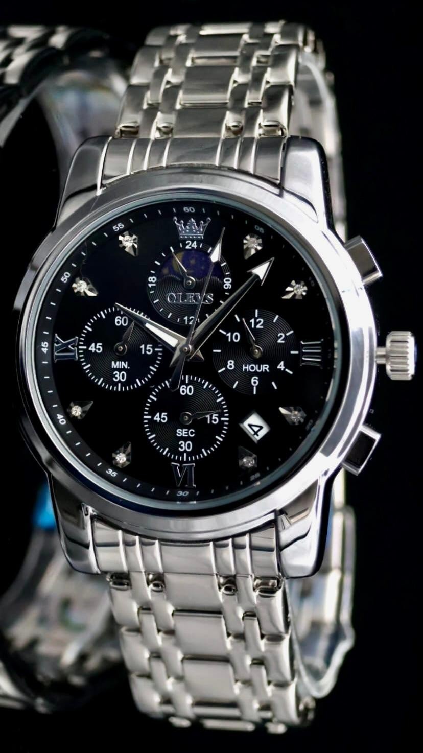 OLEVS Herren Armband Uhr Herrenuhr Chronograph Silber Edelstahl Mondphase Datum0