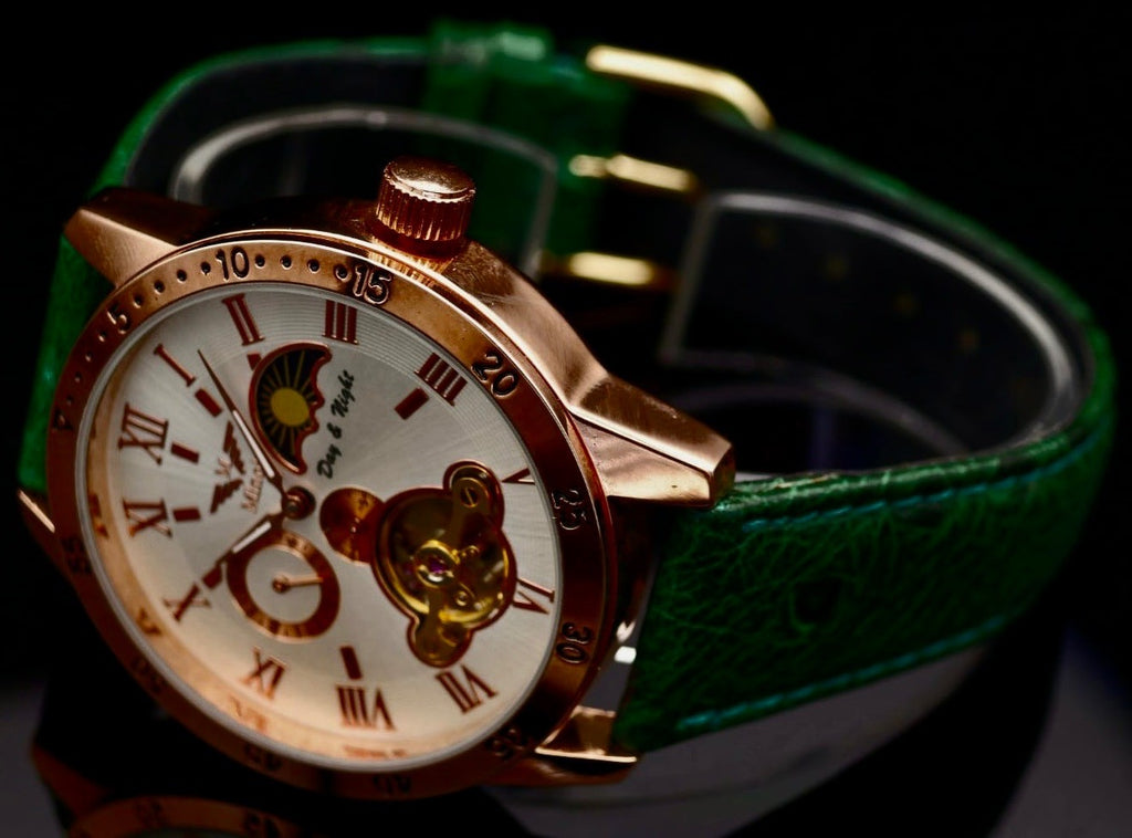 Minoir Automatik Herren Armbanduhr Modern mechanisch mit Glasboden Weiß Grün1