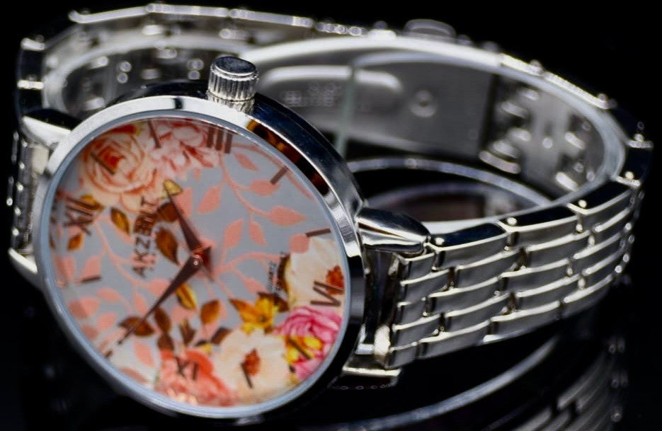 Elegante Akzent Damen Frauen Armband Uhr Silber Farben Damenuhr Blumen Muster  *1