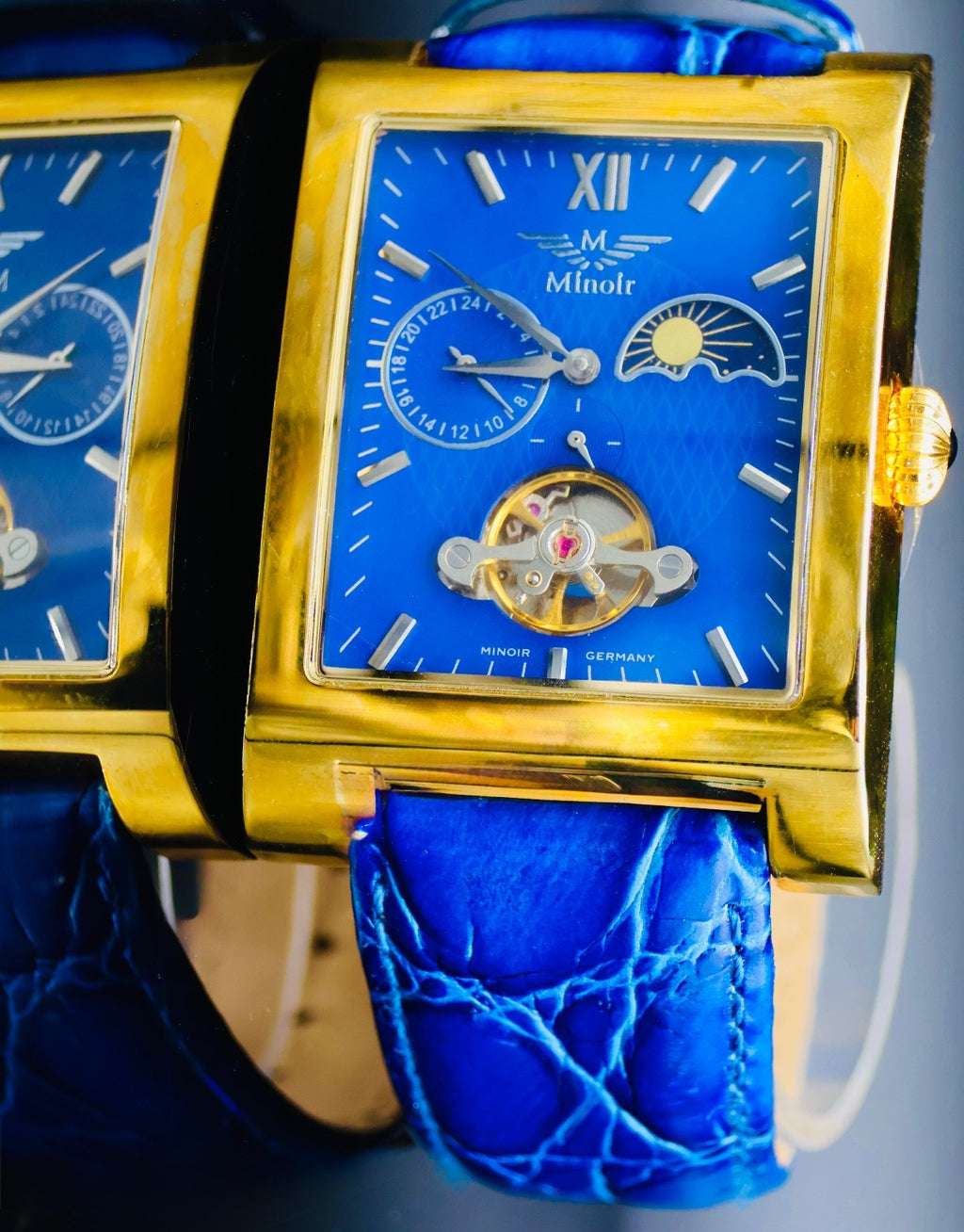 Klassische Herren Uhr Automatikuhr Armbanduhr Minoir Lederband Blau Herrenuhr0