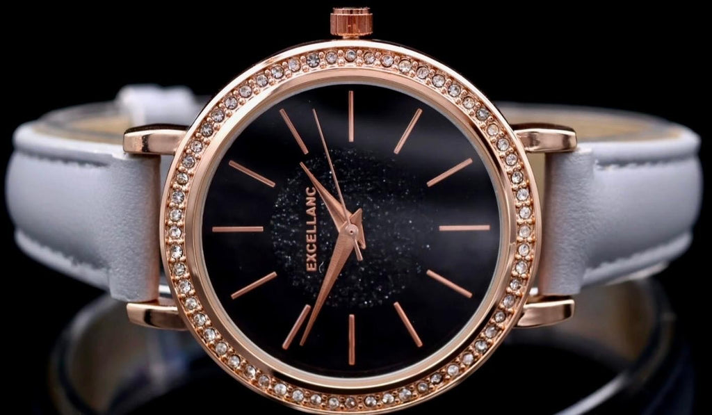 Excellanc Damen Frauen Armband Uhr Roségold Grau Damenuhr Glitzer Strass Slim1