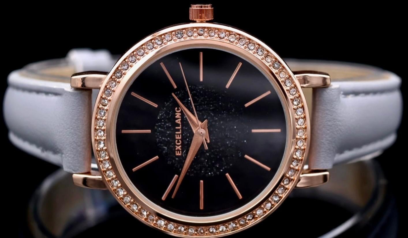 Excellanc Damen Frauen Armband Uhr Roségold Grau Damenuhr Glitzer Strass Slim1