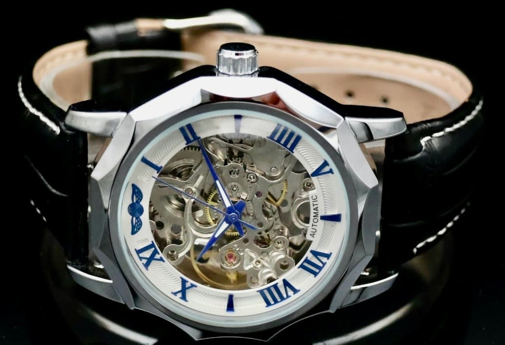 Klassische Herren Männer Automatik Uhr Silber Schwarz Farben mit Lederarmband #0