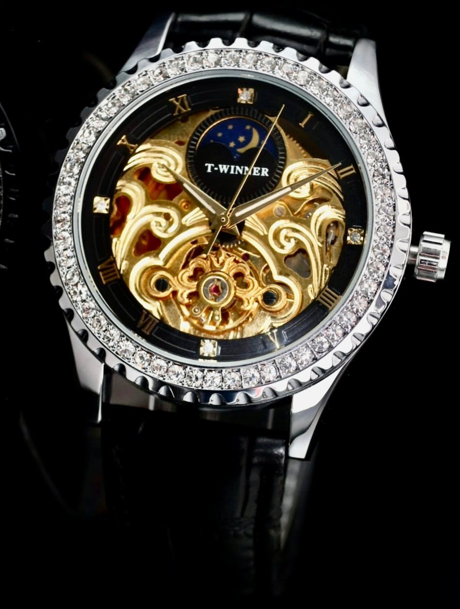 Winner Herren Automatik Uhr Herrenuhr Gold Schwarz Farben mit offenem Uhrwerk 011