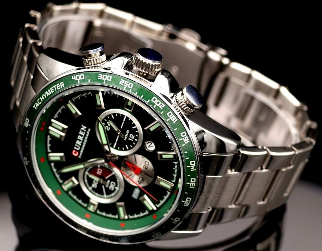 Edle Herren Männer Armband Uhr Chronograph Stoppuhr Datum Grün Silber Farben NEU1