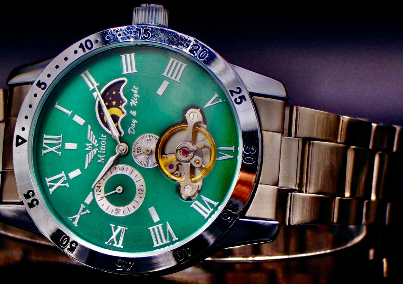 Edle Luxus Minoir Automatikuhr Armbanduhr Herrenuhr Grün offene Unruh Glasboden!1