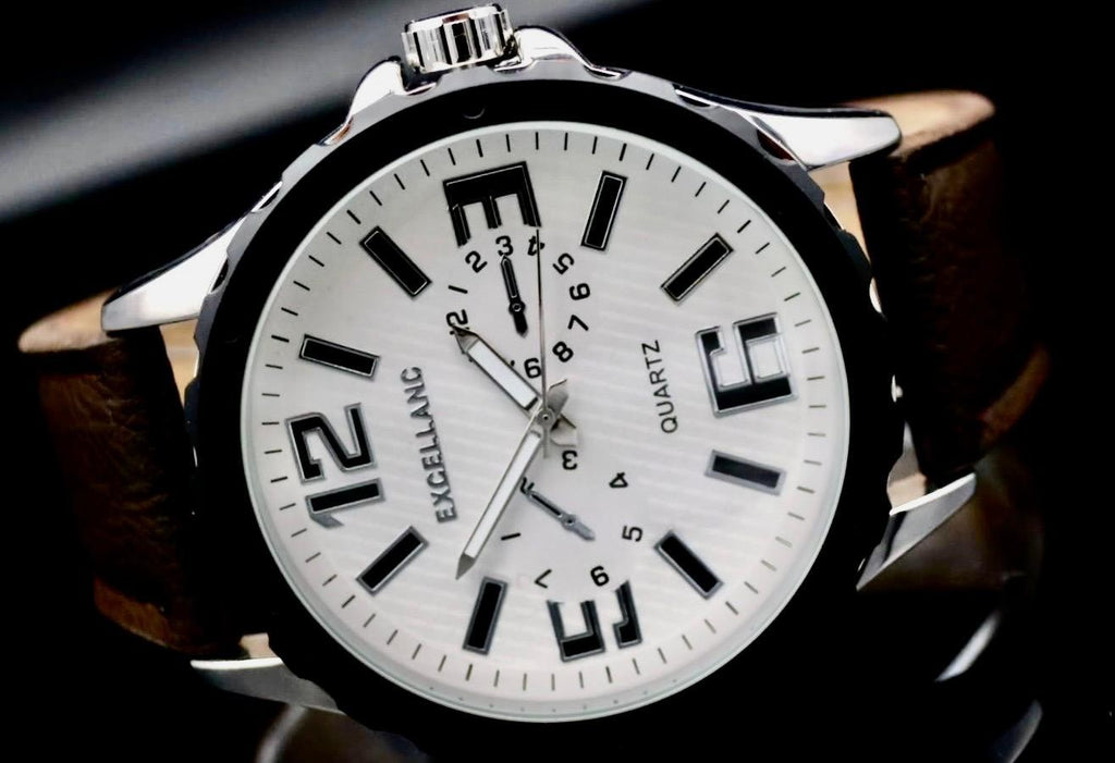 Excellanc Herren Männer Armband Uhr Weiß Braun Farben Herrenuhr mit Leuchtzeiger1