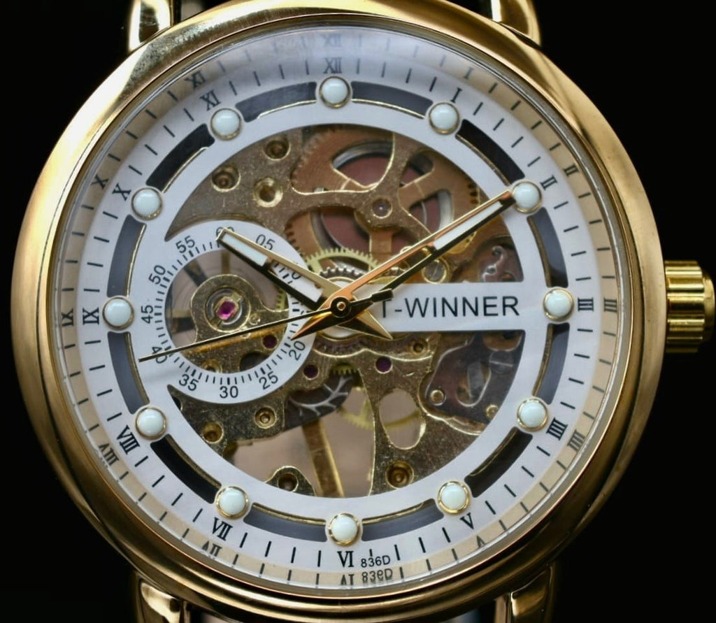 T-Winner Herren Automatik Uhr Herrenuhr Mechanisch Gold Schwarz Farben Leder2