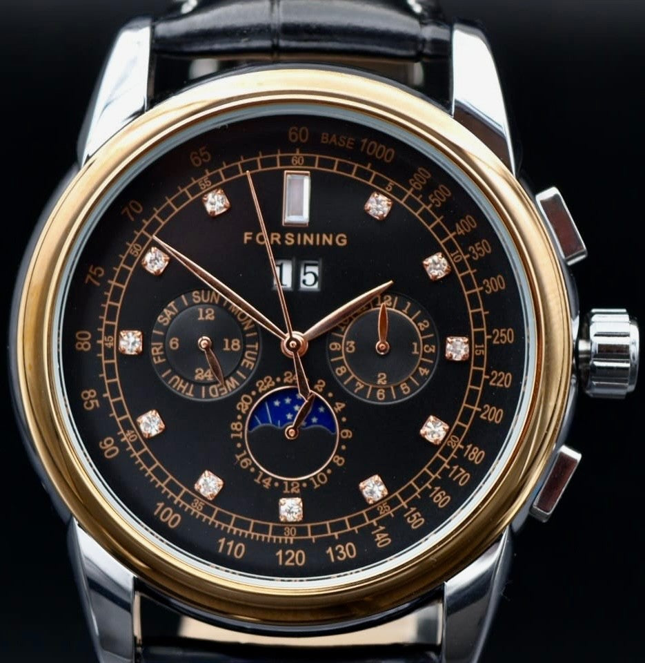 Schicke Herren Männer Automatik Uhr Rosé Schwarz Farben mit Lederarmband NEU0