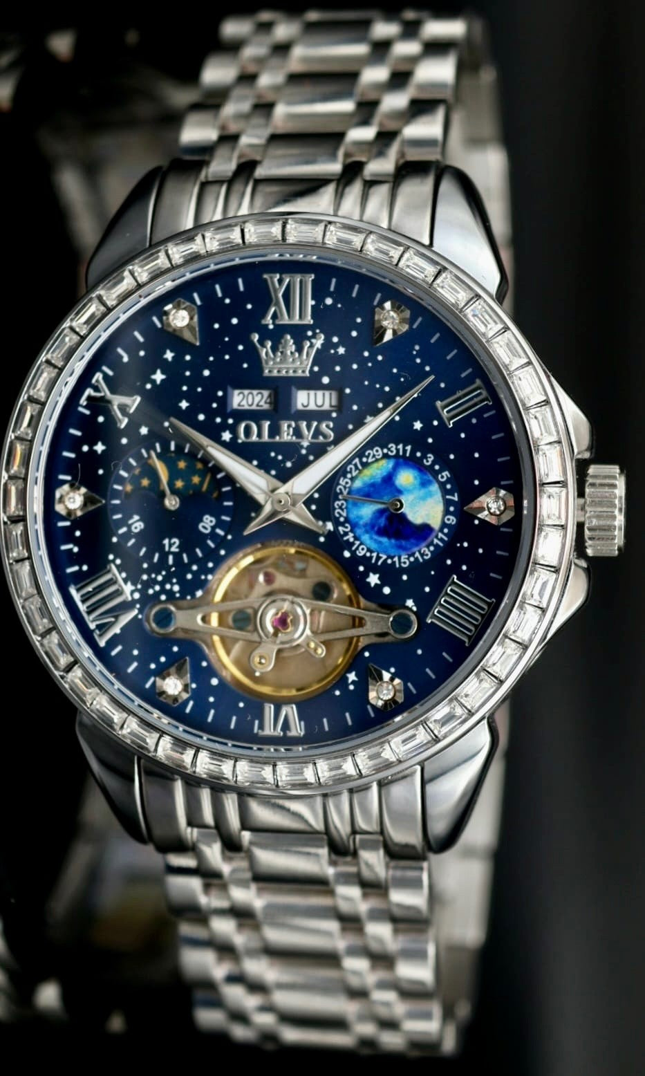 OLEVS Automatik Herren Männer Uhr Herrenuhr Blau Silber Farben Weltraum Optik0