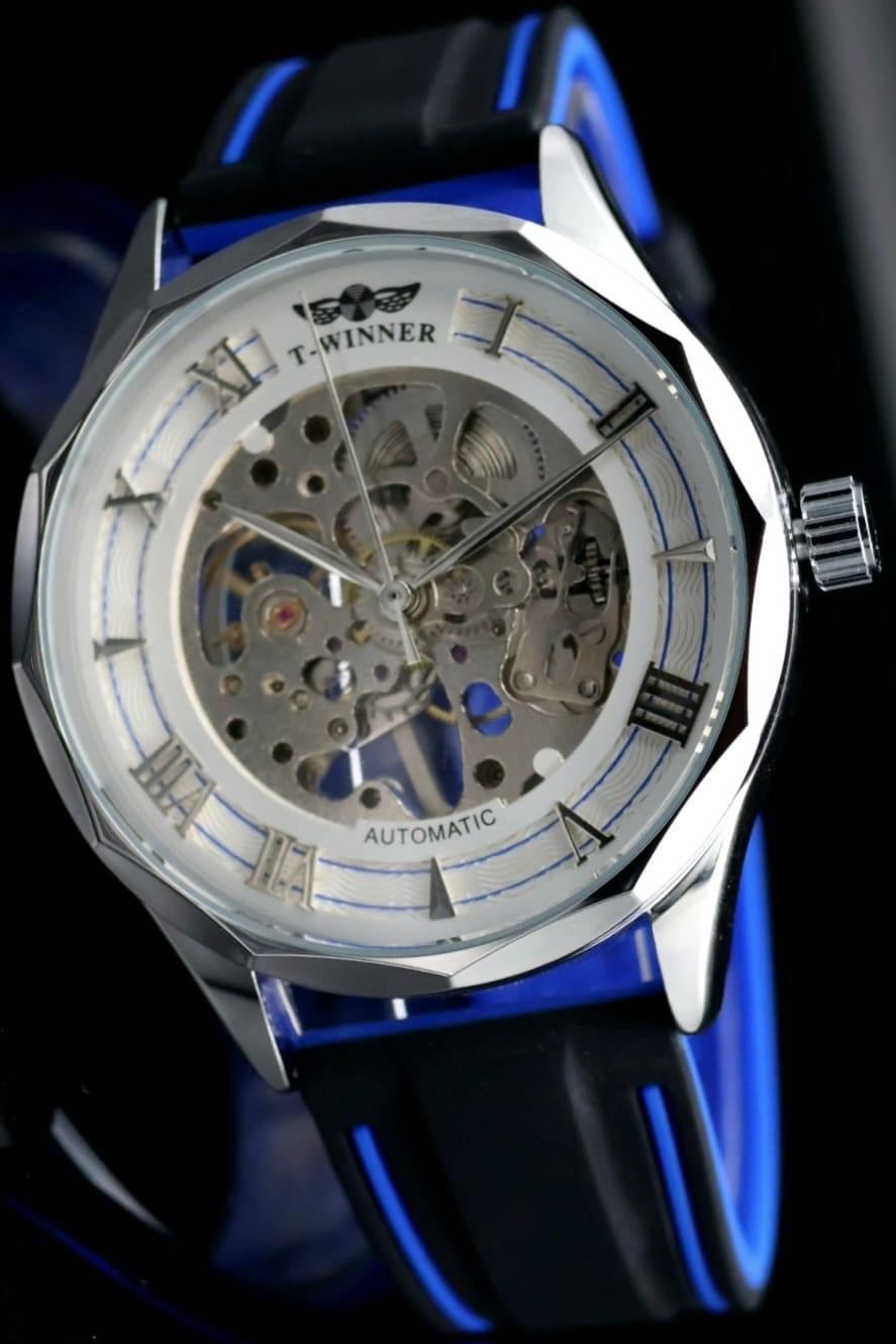 T-WINNER Herren Automatikuhr Silber Blau Skelett Uhr Silikon Sport Design Neu0