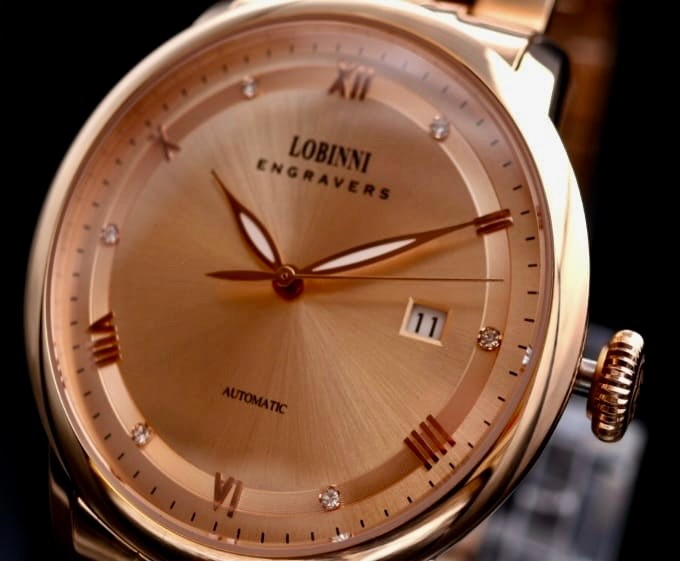Lobinni Herren Männer Automatik Uhr Rose Gold Farben Datum Sapphire NEU2