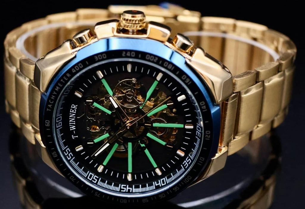 Mega Winner Herren Skelettuhr Automatik Armband Uhr Gold Farben + Leuchtzeiger1