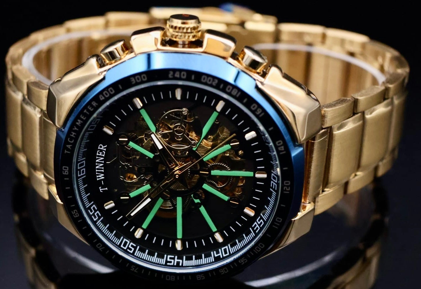 Mega Winner Herren Skelettuhr Automatik Armband Uhr Gold Farben + Leuchtzeiger1