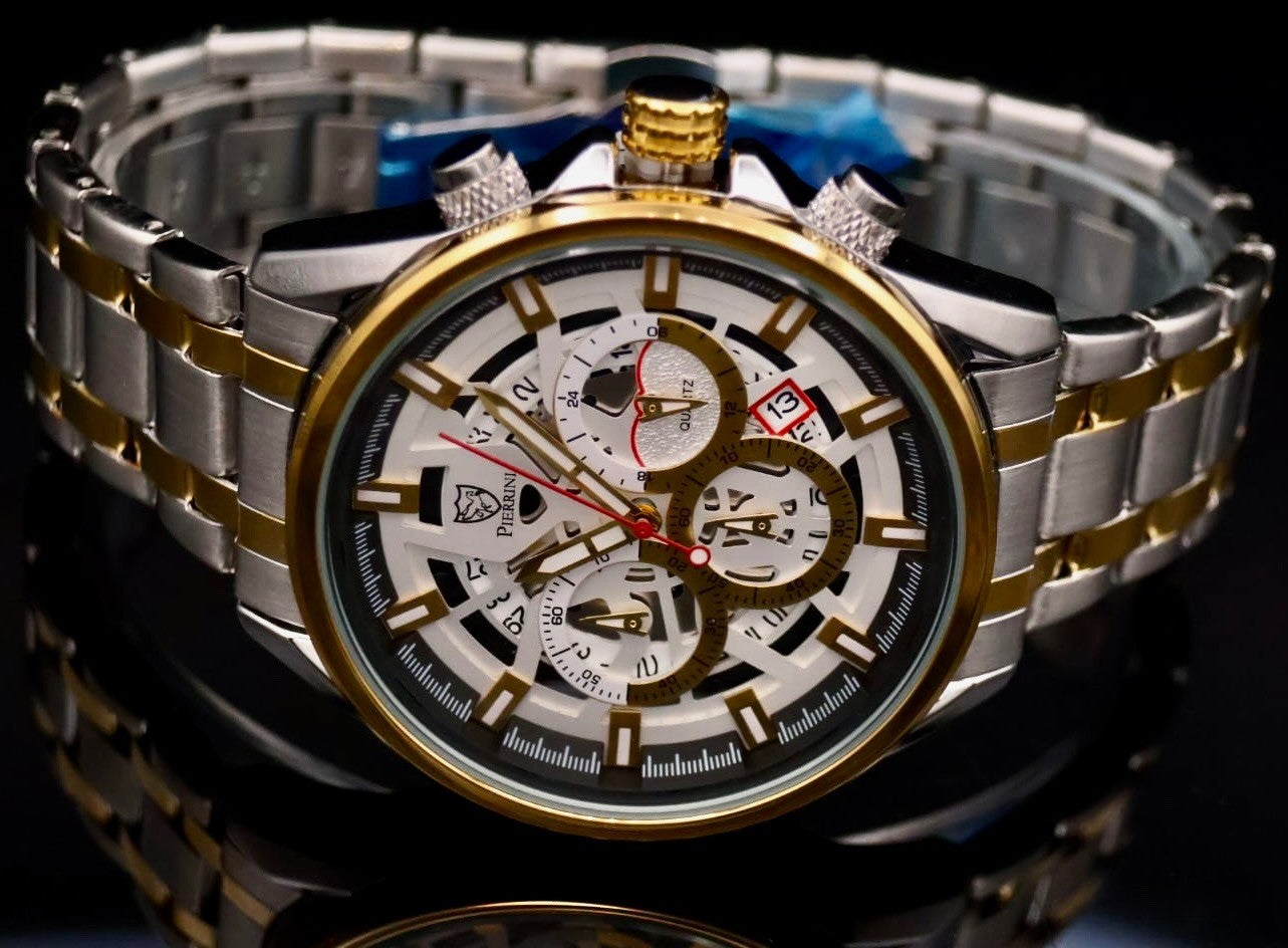 Mega Edle Pierrini Herren Armband Uhr Chronograph Stoppuhr Datum Bicolor Neu **2