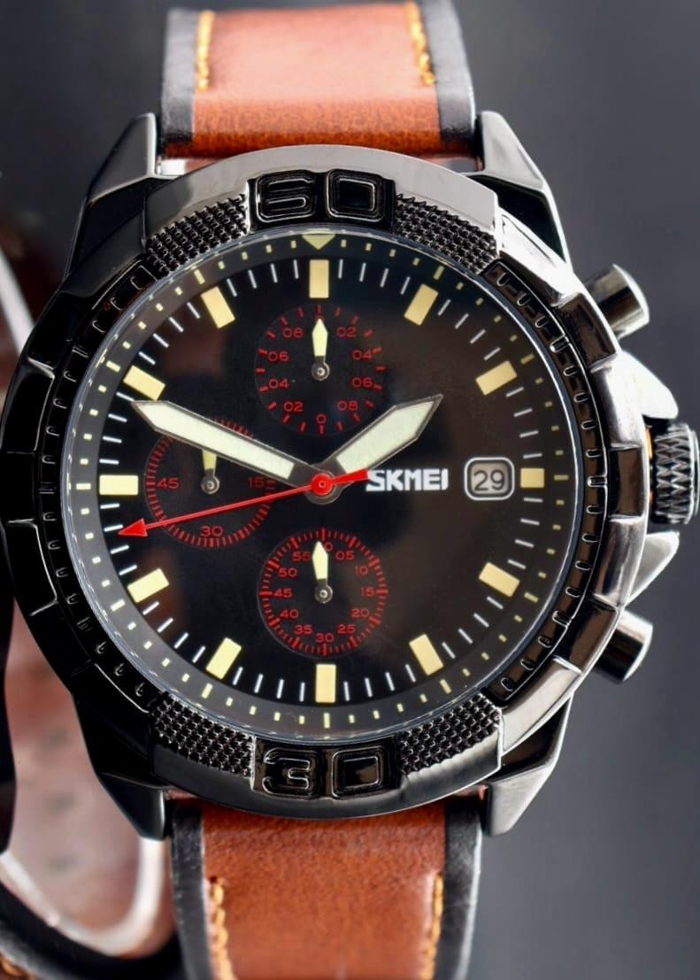 SKM - HERRENUHR - SPORT DESIGN - DATUM - CHRONOGRAPH - LEDERBAND - 48MM0