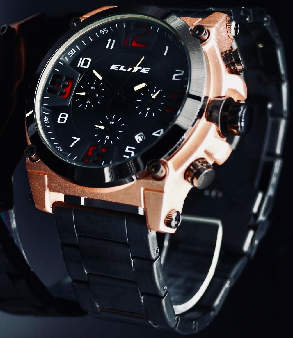 Elite Herren Armband Uhr Chronograph Datum Schwarz Rose Gold Farben NEU*1