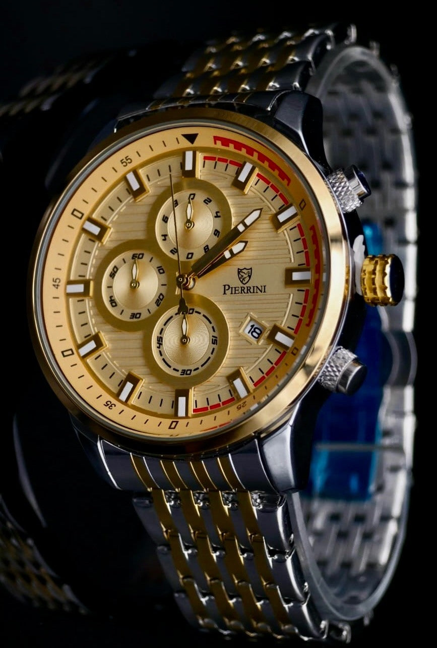 Mega Edle Pierrini Herren Armband Uhr Chronograph Stoppuhr Datum Bicolor Neu+Box0