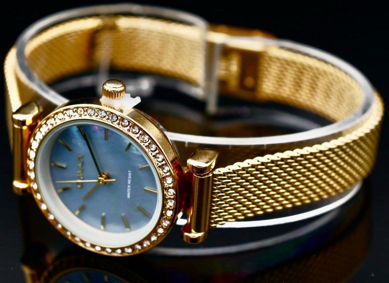 Omax Damen Armband Uhr Gold Farben Milanaise Band Damenuhr Strass IP Veredelt **0