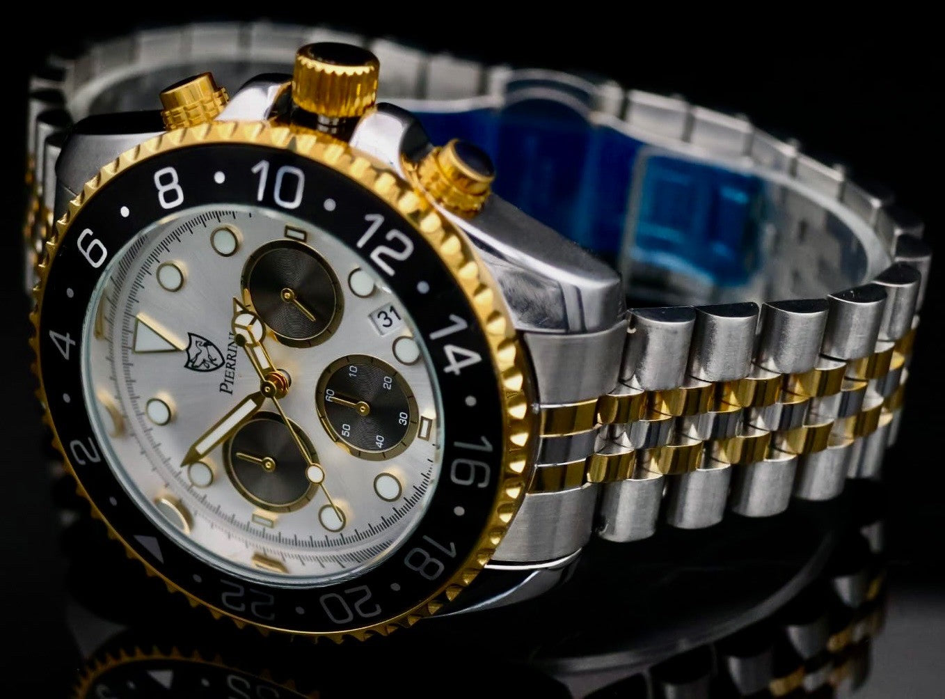 Pierrini Herren Armband Uhr Chronograph Stoppuhr Datum Bicolor Neu mit Box1