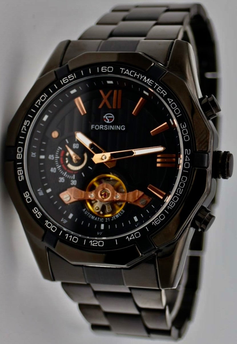 Edle Herren Männer Automatik Uhr Rosé Schwarz Farben offene Unruh Top Design #1