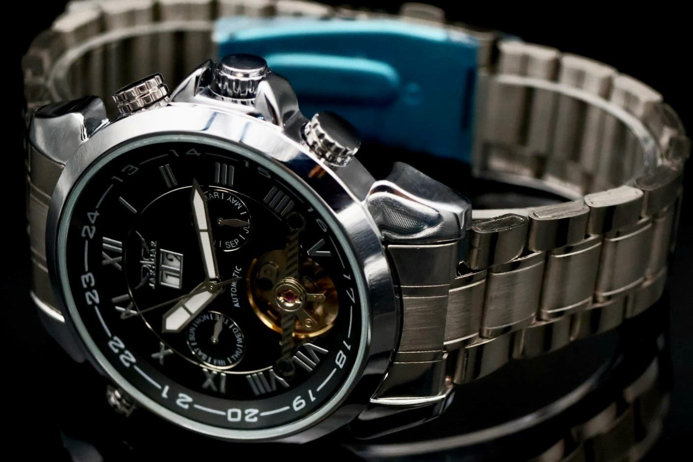 JARAGAR Herren Automatik Uhr  Herrenuhr Silber Schwarz Luxus - Offene Unruh Top0