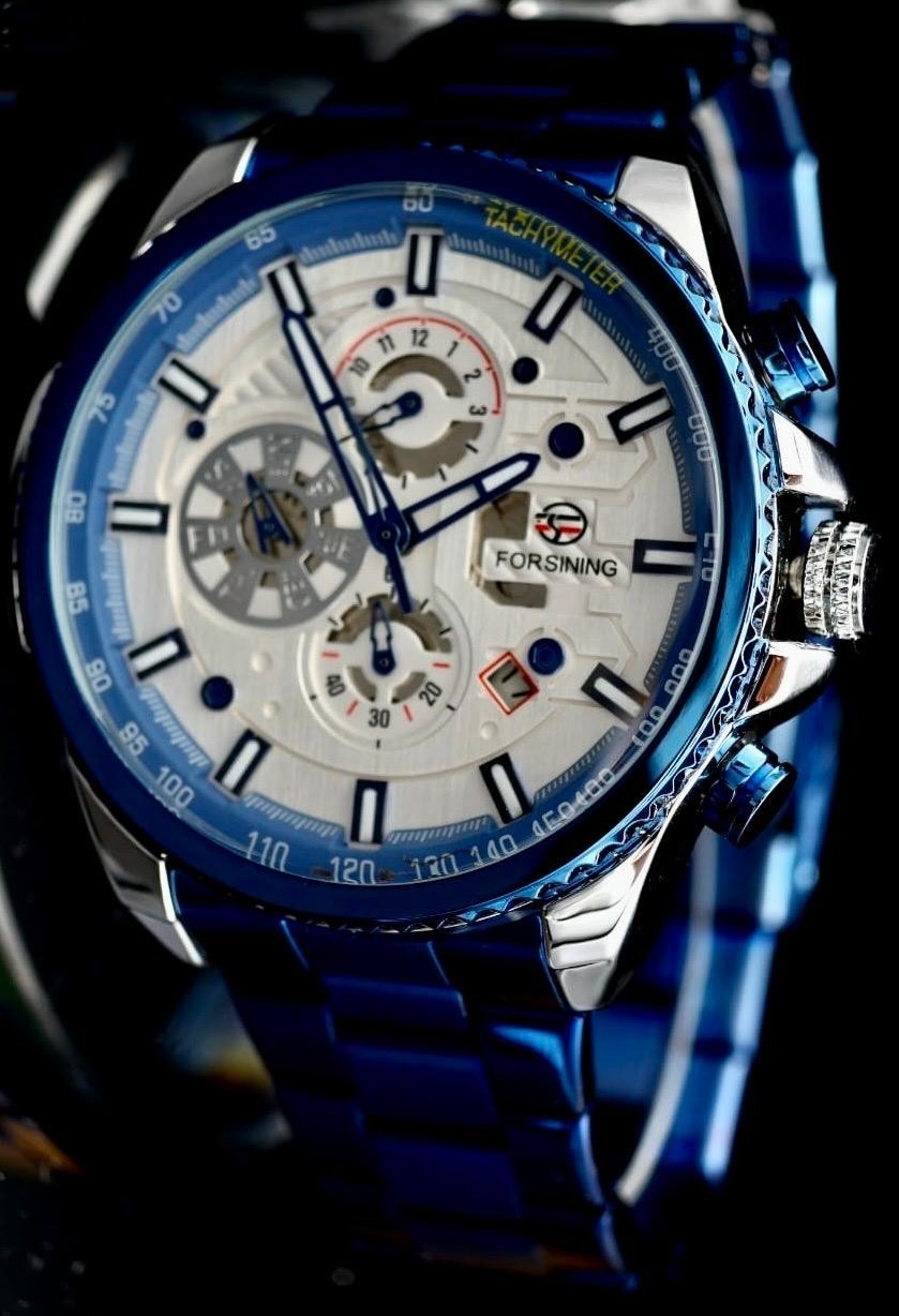 Exklusive Herren Männer Automatik Uhr Weiß Blau Farben sportliches Design Top #0